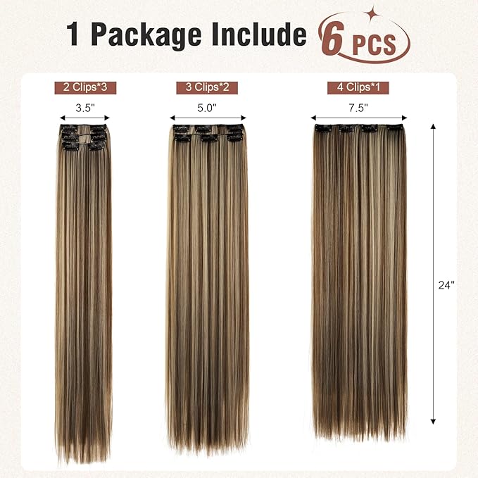 FLUFYMOOZ 6PC Clip in Hair Extensions 24" Straight Long Extensions for Women Synthetic Hairpiece (Chocolate Brown with Blonde Highlights)