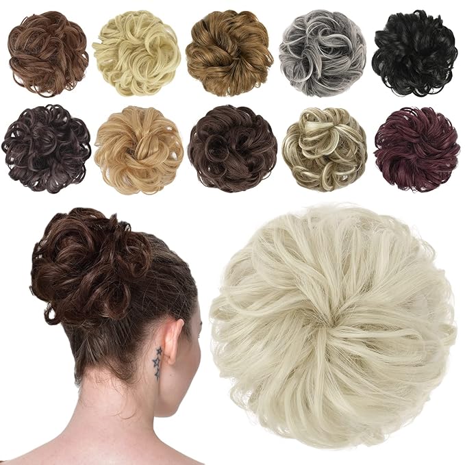 FESHFEN Messy Bun Hair Piece - Wavy Synthetic Chignon Scrunchies for Instant Volume, Elastic Bun Ponytail Hair Extensions Thick Hairpieces for Women, Ash Platinum Blonde 1.50 oz