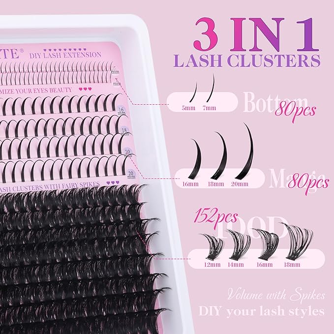 CORUSCATE 100D Lash Clusters Kit with Bottom Lashes Spikes DIY Lash Extension Kit Thick Cluster Eyelash Extensions 5-20mm Cluster Lashes Strips Eyelash Clusters Individual with Lashes Glue