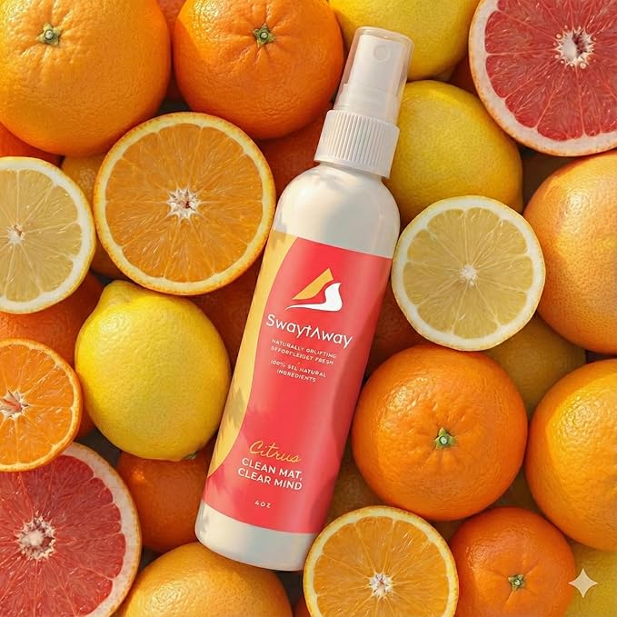SwaytAway Fitness Mat Mist – 4oz Travel Size Yoga Mat Spray with Towel - (Pack of 2) – Aromatherapy-Inspired Citrus and Eucalyptus Blend – Plant-Based, No Rinse, Refreshes & Deodorizes