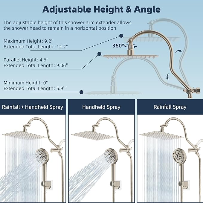 Hibbent All Metal CUPC Certified Shower Head, 10'' High Pressure Rainfall Shower Head, Handheld Showerhead Combo, 12'' Adjustable Extension Arm, 10 Sprays, 71'' Hose, Showerhead Holder, Brushed Nickel