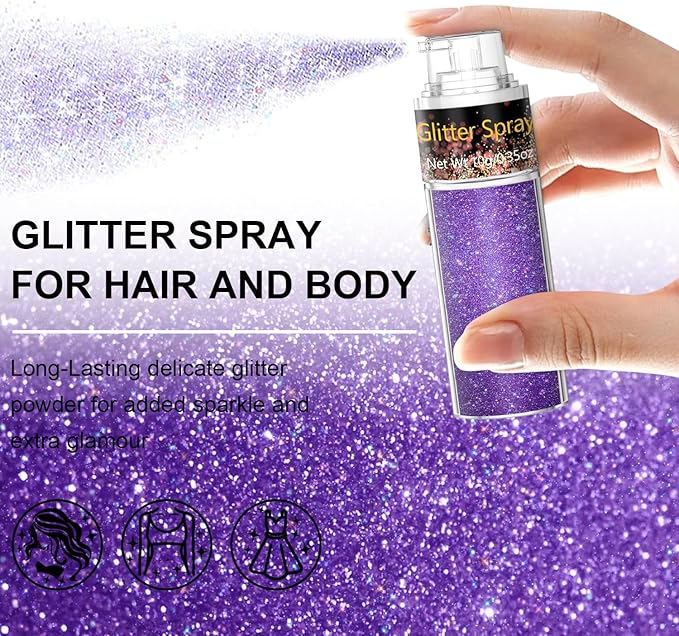 Hair and Body Glitter Spray, 1PC Purple Glitter Hairspray Dry Powder Makeup for Clothes, Festival Rave Prom Loose Sparkle Powder,Holographic Ultra Fine Resin Glitters for Crafts,10g (1PC Purple)