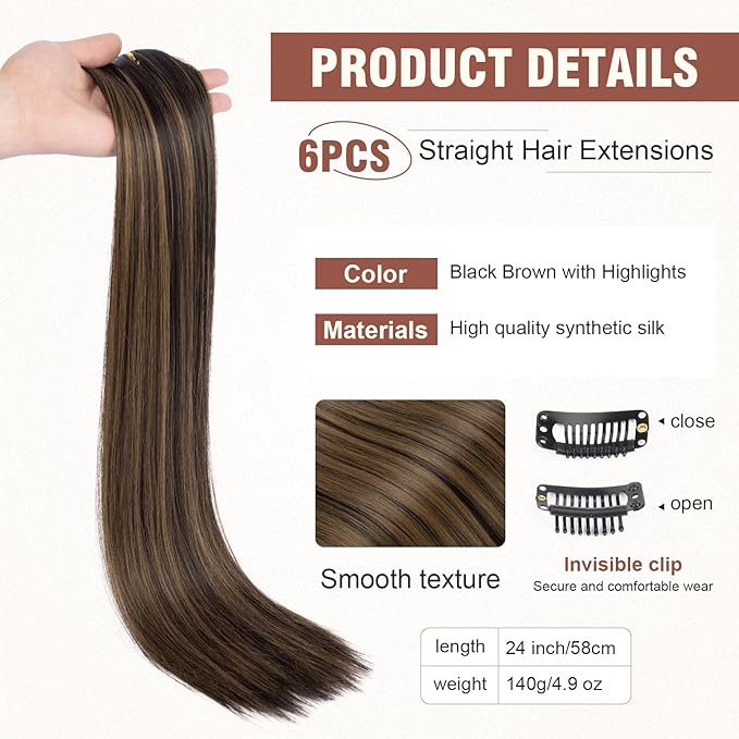 FLUFYMOOZ 6PC Clip in Hair Extensions 24" Straight Long Extensions for Women Synthetic Hairpiece (Black Brown with Highlights)