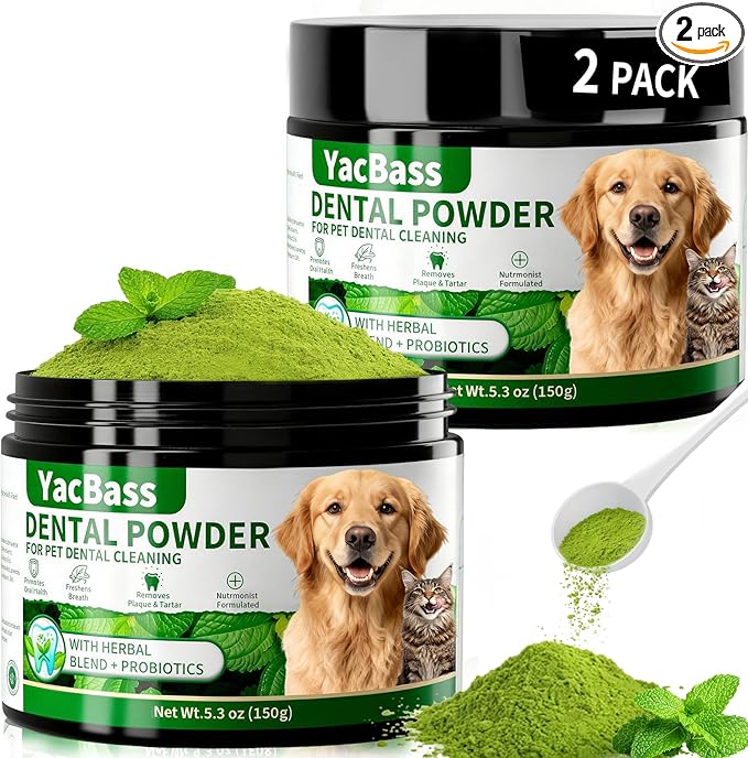 2 Pack Dog Dental Powder,Dog Teeth Cleaning Powder and Cat Breath Freshener, Reduces Plaque & Bad Breath Off,Natural Herbal Blend of All Breeds -150 Grams