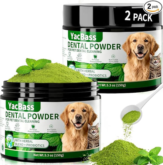 2 Pack Dog Dental Powder,Dog Teeth Cleaning Powder and Cat Breath Freshener, Reduces Plaque & Bad Breath Off,Natural Herbal Blend of All Breeds -150 Grams