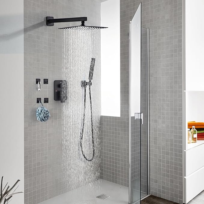 LCEVCGK Shower Faucet Set, Matte Black Rainfall Shower System Complete Wall Mounted for Bathroom with 12 Inch Square Shower Head and Handheld Shower Head Rain Mixer Combo Set