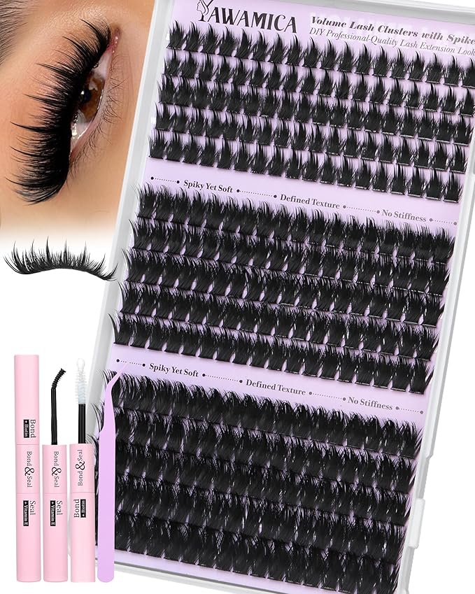 Volume Lash Clusters Kit with Spikes Manga Eyelash Clusters Wispy Cluster Eyelash Extensions Kit 12-20mm D Curl Spiky Individual Lashes DIY Lash Extension Kit with Quick-Dry Bond & Seal, Lash Tweezer