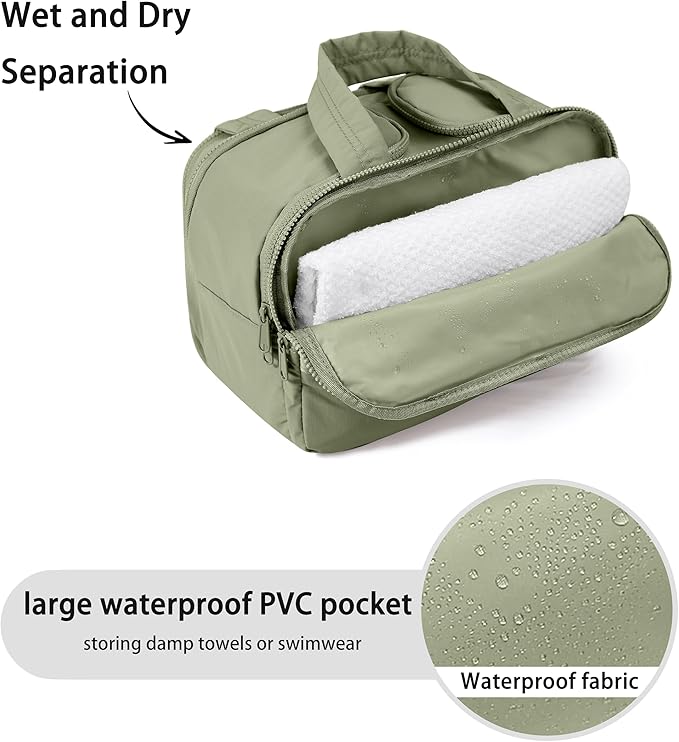 BUZFOWU Travel Toiletry Bag for Women, Large Wide-open Puffy Cosmetic Makeup Bag with Wet-Dry Separation, Multi-Pocket Organizer with Carry Handle for Toiletries, Cosmetics, Essentials, Green