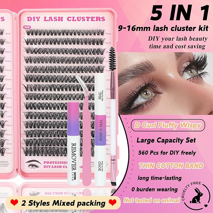 Lash Clusters Kit, 560 Pcs Eyelashes Clusters Kit 9-16mm Individual Lash Extension Kit D Curl Fluffy Wispy False Eyelashes (40D+50D, Lash Clusters Kit)