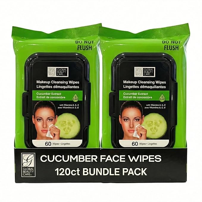 Global Beauty Care Cucumber Makeup Remover Wipes - Gentle Daily Facial Cleansing Wipes for Sensitive Skin, Hydrating & Soothing, Removes Waterproof Makeup, Travel-Friendly, 60 Count (2-Pack)