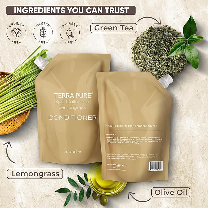 Terra Pure Spa Collection 1 Liter Conditioner Refill Bag For Soap Dispensers | Bulk Toiletries for Vacation Rentals, and Home Bathroom Showers | Green Tea Lemongrass | Set of 3