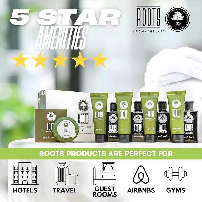 ROOTS AROMATHERAPY Travel+Essentials Shampoo and Conditioner Sets Body Wash Lotion & Soap,Guest Bathroom Essentials Toiletries Kit Bulk Mini Set Kits Sulfate Free Toiletry (10 Count)