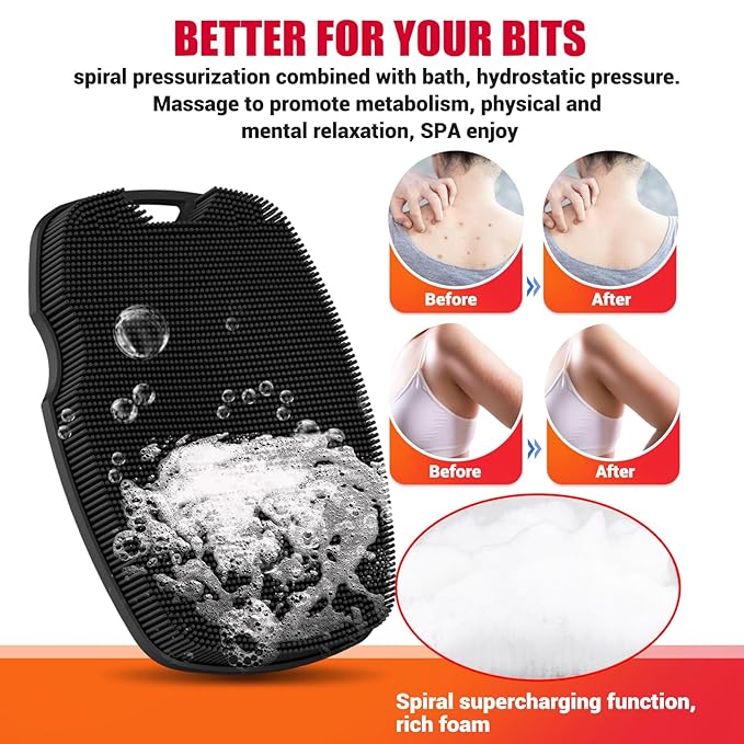 Silicone Body Scrubber - Zinc Infused-Highly Elastic Bristles Exfoliating Body Scrubber for Shower Body,Cellulite Reduction,Blood Circulation- Black