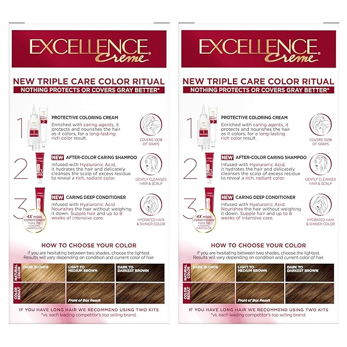 L'Oreal Paris Excellence Crème Permanent Hair Dye, Triple Care Hair Color with Hyaluronic Acid for 100% Gray Coverage, 5G Medium Golden Brown, 1 Kit (Pack of 2) (Packaging May Vary)