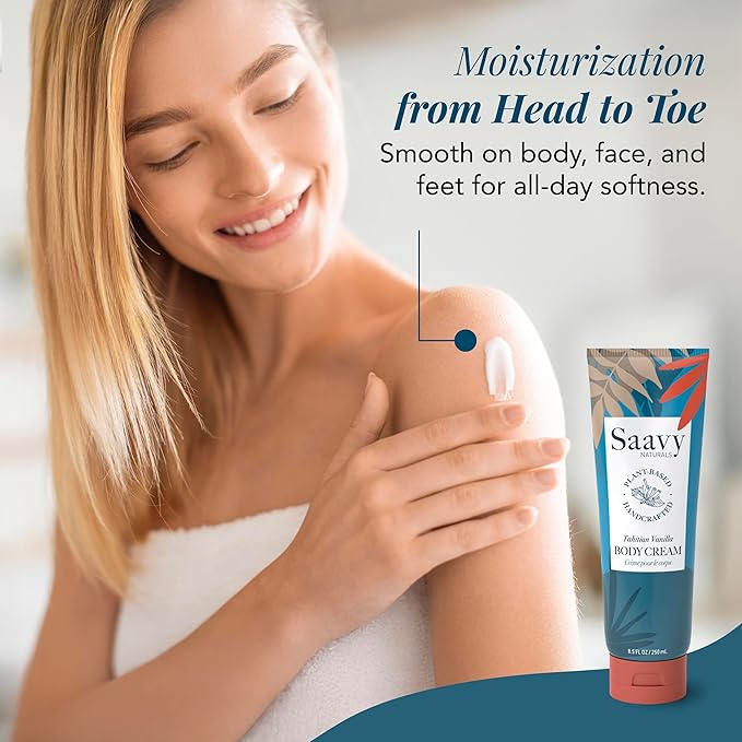 Saavy Naturals Body Cream Tahitian Vanilla, Clean Plant-Based Ingredients - Made In USA - Absorbent Shea Butter Vegan, Thick and Creamy Body Moisturizer, Body Lotion for Dry Skin- 8.5 Fl Oz, 2 Pack