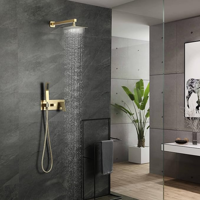 SUMERAIN Brushed Gold Rain Shower System with Handheld Shower, Pressure Balancing Shower Mixer Valve