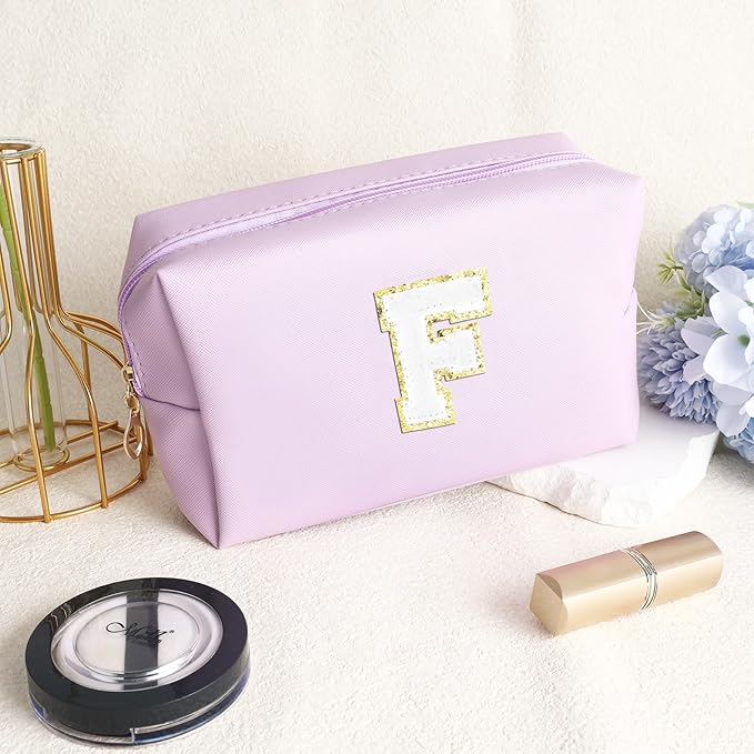 URSKYTOUS Gifts for Girls Initial Makeup Bag Personalized Cosmetic Bag with Zipper Cute Travel Toiletry Bag Waterproof PU Preppy Makeup Pouch Birthday Gift for Teen Girls Women(Purple F)