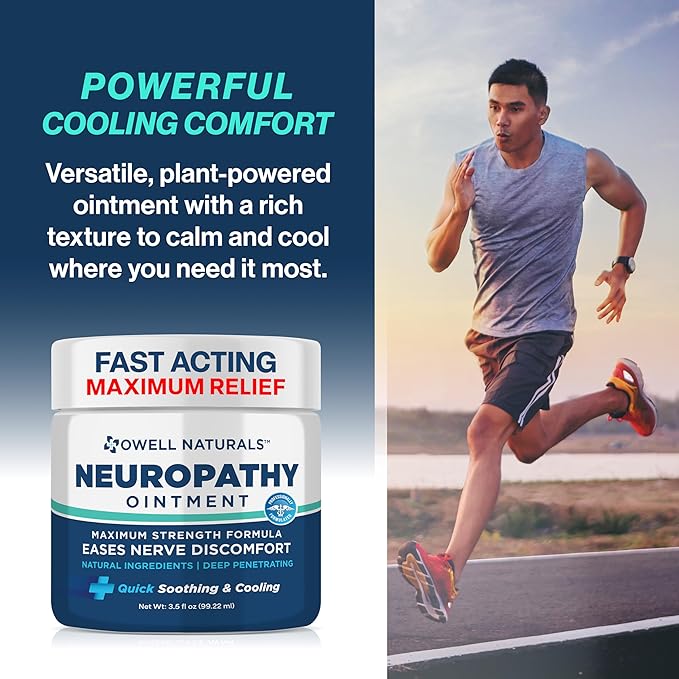 OWELL NATURALS Neuropathy Nerve Ointment for Feet, Fingers, Hands, Toes, Back, Legs & Arms - Fast-Acting Formula, Max Strength, Cooling Effect, 3.5 Fl Oz
