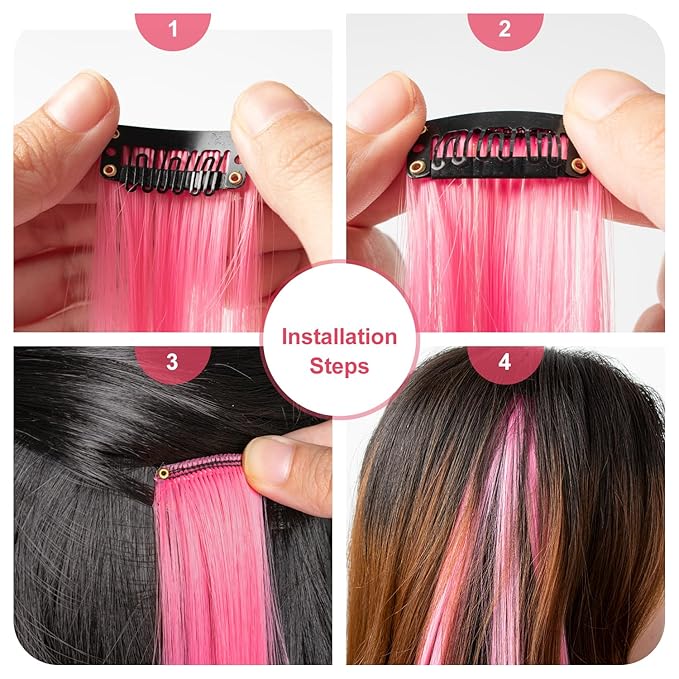 Colored Pink Hair Extensions 14 PCS, 22 In Colorful Clip in Hair Extensions Party Highlights, Dream Rainbow Long Straight Synthetic Hairpieces for Women Cosplay Gift(Pink)