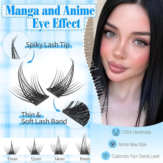 Manga Lash Clusters Kit Spiky Lash Extension Kit Fairy Eyelash Clusters Wispy Cluster Eyelash Extensions Kit 10-16mm Individual Lashes Anime Lashes Clusters by Lanflower