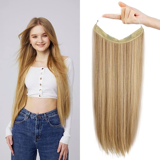 REECHO Invisible Wire Hair Extensions with Transparent Headband Adjustable Size Removable Secure Clips in Straight Secret Hairpiece for Women (16 Inch (Pack of 1), Golden Blonde with Highlights)