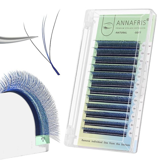 3D W Shape Blue Dual Core Premade Fan Eyelash Extensions Volume 2 Tips False Lashes Faux Mink Matte Black Cluster Lash Extensions(0.07 D,8-12mm Blue)