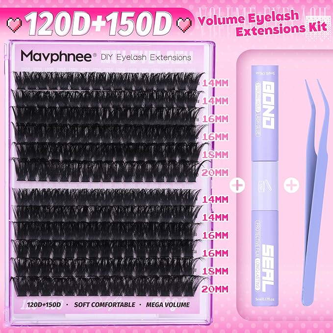 Lash Clusters Kit 14-20MM Long Eyelash Extension Kit 192Pcs Thick Volume DIY Lash Extensions Kit Soft Cluster Lashes D-Curly Individual Lashes Kit 120D+150D Mink Cluster Eyelash Extensions Kit