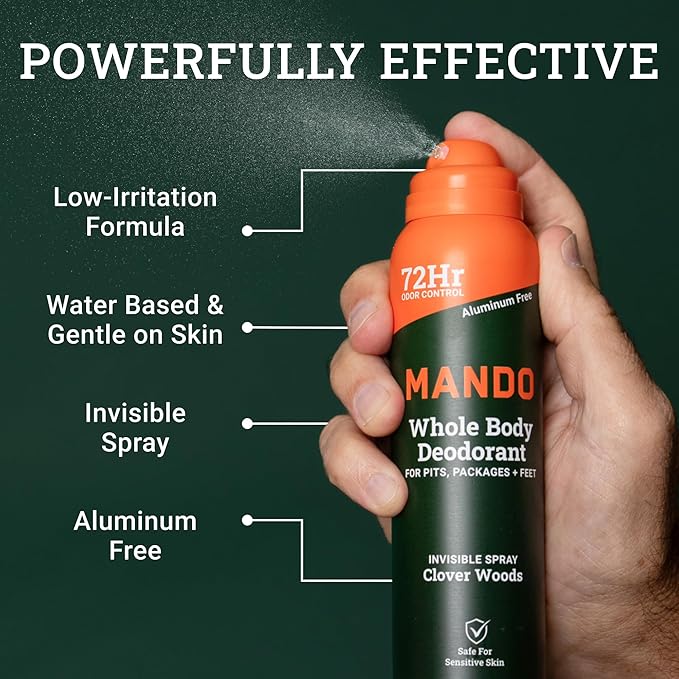 Mando Whole Body Deodorant For Men - Invisible Spray Deodorant - 72 Hour Odor Control - Low Irritation Formula - Aluminum Free, Benzene Free - 3.6 ounce Can - Clover Woods