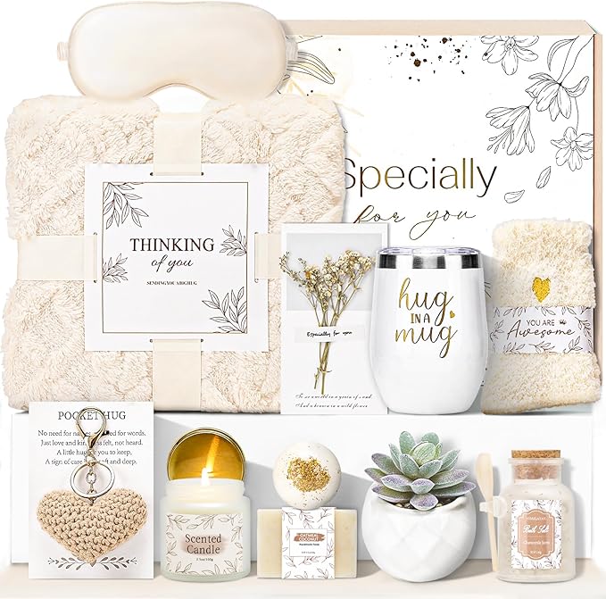 CuriBox Get Well Gifts for Women Self Care Gifts Basket - Relaxing Spa Care Package After Surgery Thinking of You Birthday Gift - Feel Better Sympathy Gift Set for Her Mom Sister Friend Wife (Beige)