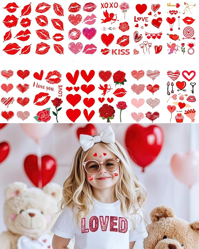 Temporary Tattoos for Lover, 12 Sheets Love Heart Tattoos for Valentines Day Decorations Classroom Girls Boys School Class Bday, 113pcs Pattern for Festivals and Parties (Red - Love)
