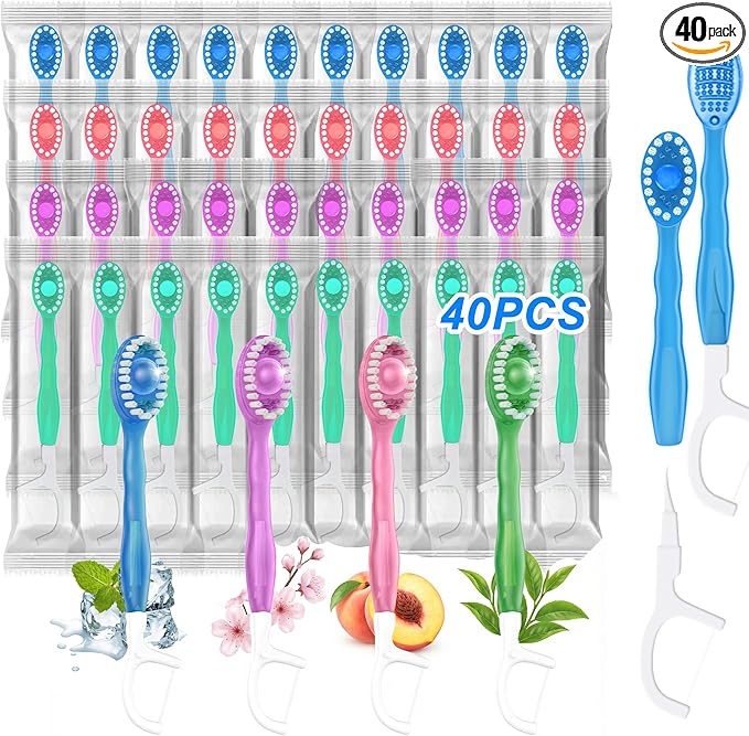 40 Pack 5-in-1 Disposable Toothbrushes with Toothpaste, Travel Toothbrush Set with Floss, Pick & Tongue Scraper, Individually Wrapped Mini Toothbrush for Adults, Work Camping - Mixed Flavor