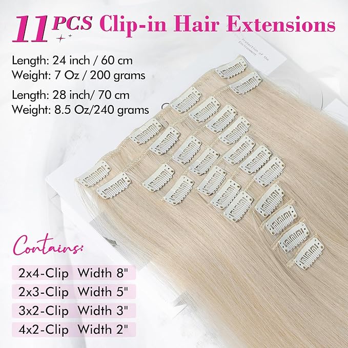 REECHO Hair Extensions, 11PCS Clip in Hair Extensions 28" Long Straight hair extensions HE005 Natural Soft Synthetic Hairpieces for Women Light Blonde