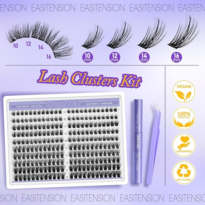 Lash Clusters 240 PCS Lash Clusters DIY Lashes Extensions Kit Soft Natural Eyelashes 10-16mm Individual Lashes Super Thin Band Eyelashes with Bond & Seal, Lash Tweezer Kit