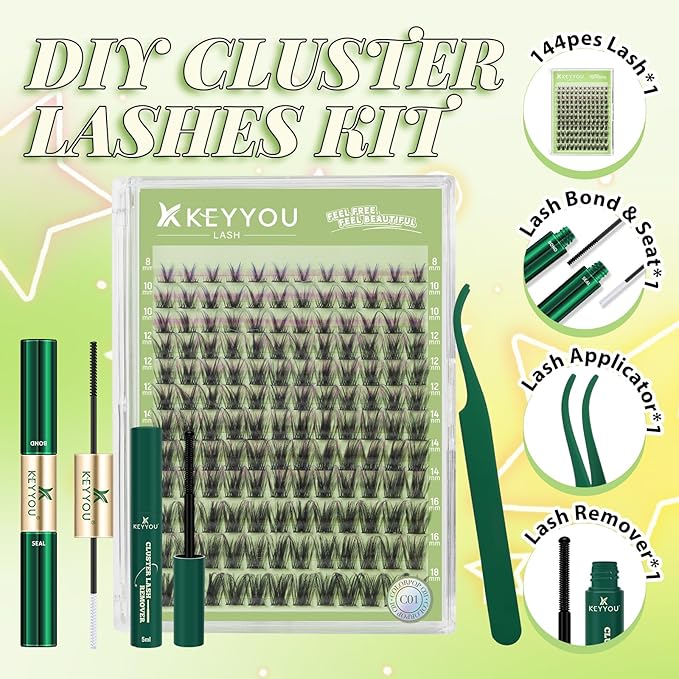 KEYYOU LASH Clusters kit 144pcs with Colored Eyelash Clusters Individual Eyelash Extension Kit 8-18mm with Lash Bond Seal Remover Applicator for DIY Lashes Extensions at Home(C01)