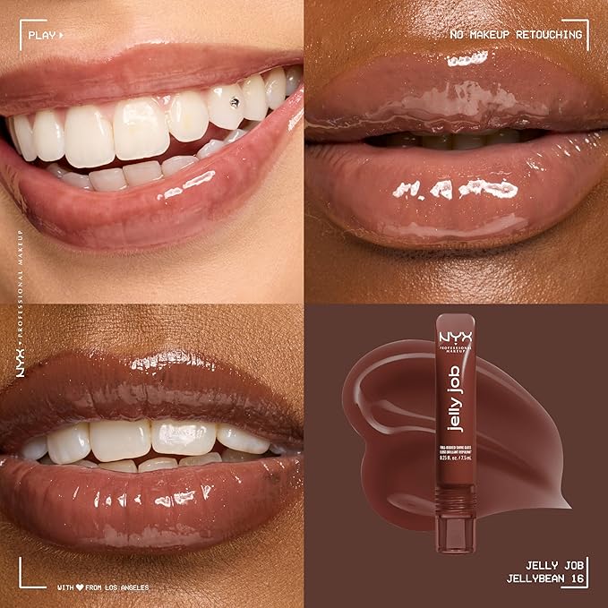 NYX PROFESSIONAL MAKEUP Jelly Job Lip Gloss, Lip Tint Gloss with Full-Bodied, Smoothing, and Hyper-Glossy Shine - Jellybean (Chocolate Brown)