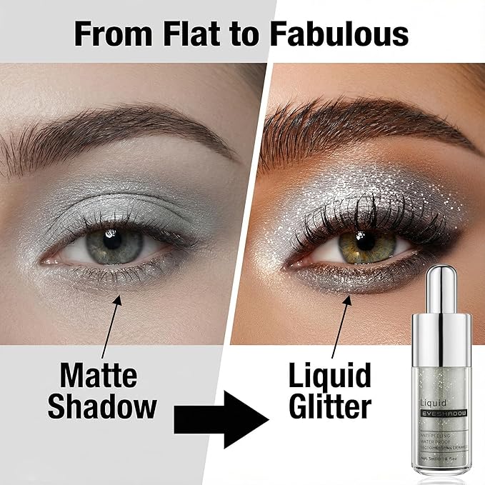 Silver Glittering Shimmer Liquid Eyeshadow, Longwear Waterproof Lightweight Eye Shadow Cream, Buildable Blendable Eye Makeup, Vegan Cruelty-Free Paraben-Free for Older Women Stage makeup 01#