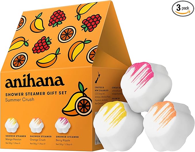 ANIHANA Shower Steamers Summer Crush 3 Pack Gift Set, Paraben Free, Mango Passion, Orange Crush, Berry Ripple, 1.76 oz Each