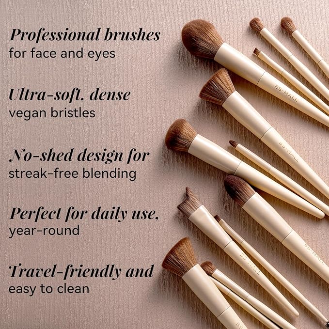 BS-MALL Professional Makeup Brush Set 18 Pcs Premium Synthetic Foundation Powder Concealers Eye Shadows Blush Makeup Brushes with Travel Case (Matte white beige)