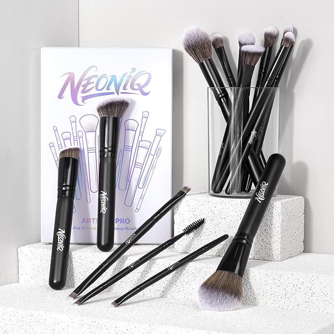 NEONIQ 14 PCS Professional Makeup Brushes, Makeup Brush Set, Foundation Powder Blending Concealer Eyeshadows Blush Cosmetics Brushes,Versatile Face Make Up Tools For Liquid, Cream, Loose(Black)