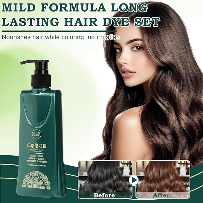 Mild Formula Long Lasting Hair Dye Set, Plant Extracts Hair Color for Gray Coverage, Herbal Hairs Dyes, Nourishing, Natural, Long-Lasting Shampoo 210ML (Natural Black)