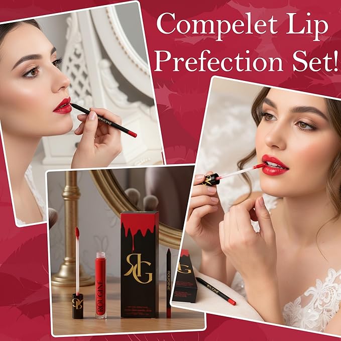 Rougine Liquid Lipstick & Lip Liner Set for Women – Smooth Matte Red Love Shade, Long-Lasting Waterproof Lipstick, Smudge-Resistant Lip Makeup, Soft Glide Liner – Vitamin E & Shea Butter