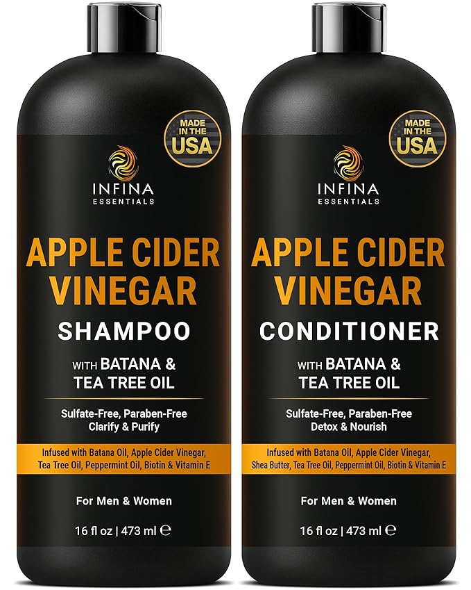 INFINA ESSENTIALS Apple Cider Vinegar Shampoo and Conditioner Set | 16 fl oz Each | with Batana Oil, Biotin & Tea Tree | Clarifying, Detoxifying & Moisturizing Formula | Promotes Hair Growth & Shine