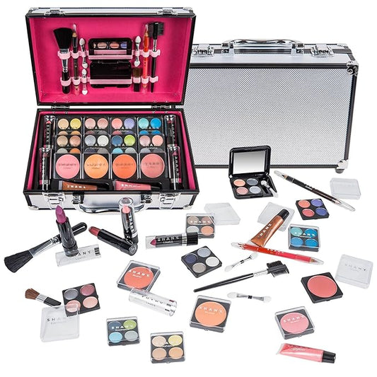 SHANY Carry All Make up Train Case with Pro Makeup Set, Beauty Brushes, Lipsticks, Eye Shadows, Blushes, Powders, and more - Reusable Cosmetics Storage Organizer - Premium Gift Packaging - Silver