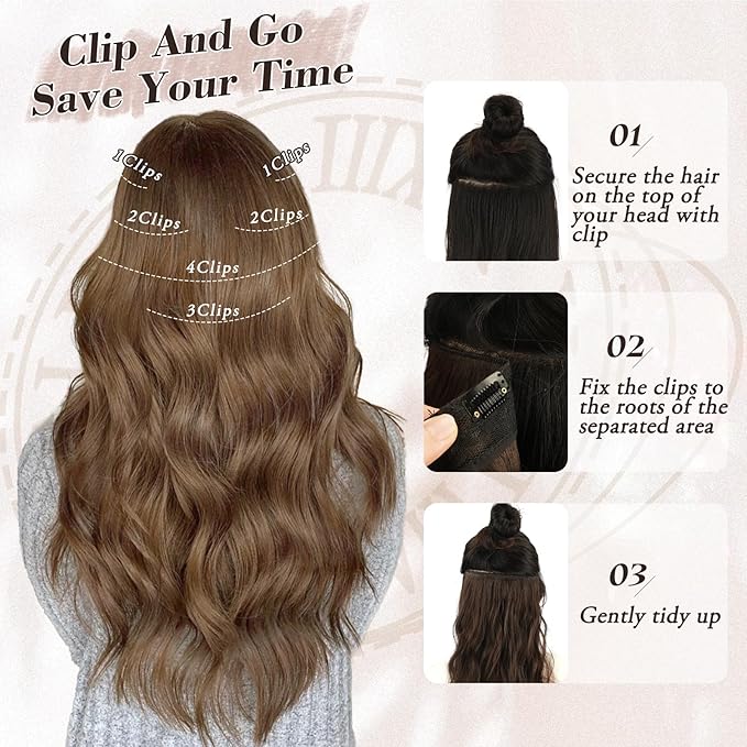 BARSDAR Beach Wavy Brown Clip in Hair Extensions – 20 Inch 6PCS Thick Soft Synthetic Hairpieces, Full Head Clip in Hair Extensions for Women – Long Voluminous Easy Wear Daily Party - Brown