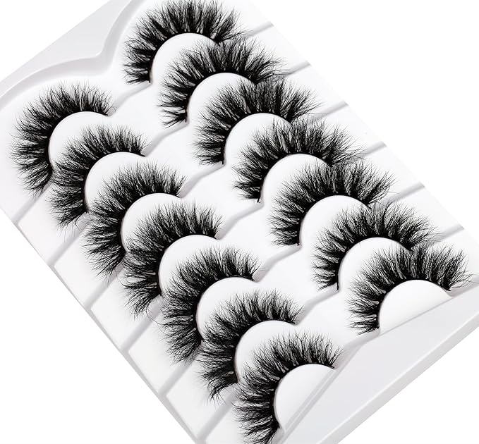 Pooplunch False Eyelashes Cat Eye Lashes Wispy Natural Extension Volume Soft Faux Mink Lash 8D Fake Eyelashes Strips 7 Pairs Pack