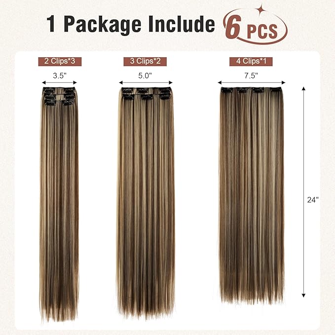 FLUFYMOOZ 6PC Clip in Hair Extensions 24" Straight Long Extensions for Women Synthetic Hairpiece (Deep Brown with Dirty Blonde)