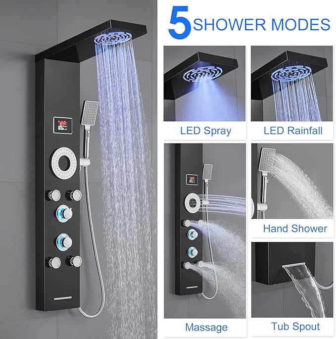 TSIBOMU LED Shower Panel Tower System, 304 Stainless Steel Bathroom Shower Tower with 3 Body Massage Jets, Shower Column Wall Mounted