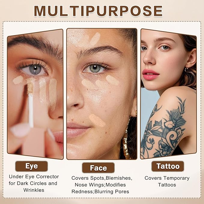 Under Eye Concealer Stick,Full Coverage Concealer for Older Women,Teenagers,Middle-aged,Dual formula (liquid tip & balm stick),Long-lasting Wear,Tattoo Cover Up Makeup（01 Natural）