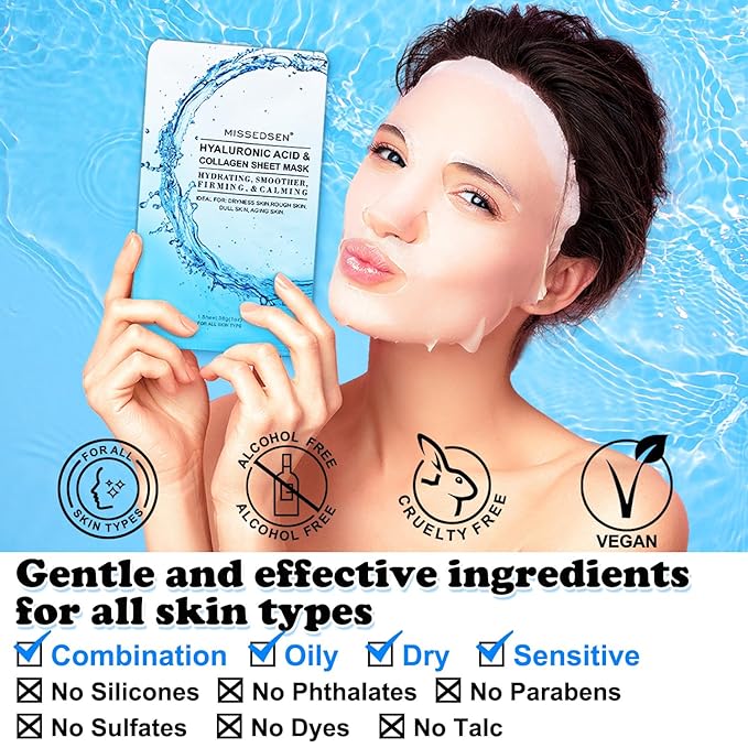 MISSEDSEN Collagen Face Mask with Hyaluronic Acid, Vitamin E Oil for Skin Care Hydrating, Moisturizing, Brightening & Anti Aging Face Masks Skincare for Oil, Dry, Acne, Sensitive All Skin Types 25PCS