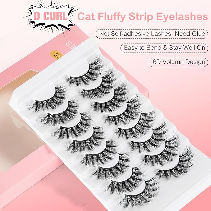 Manga Lashes Natural Eyelashes, Spiky False Eyelashes Invisible Band, 6D Cat Eye Lashes Wispy for Cosplay Anime Lashes 8 Pairs